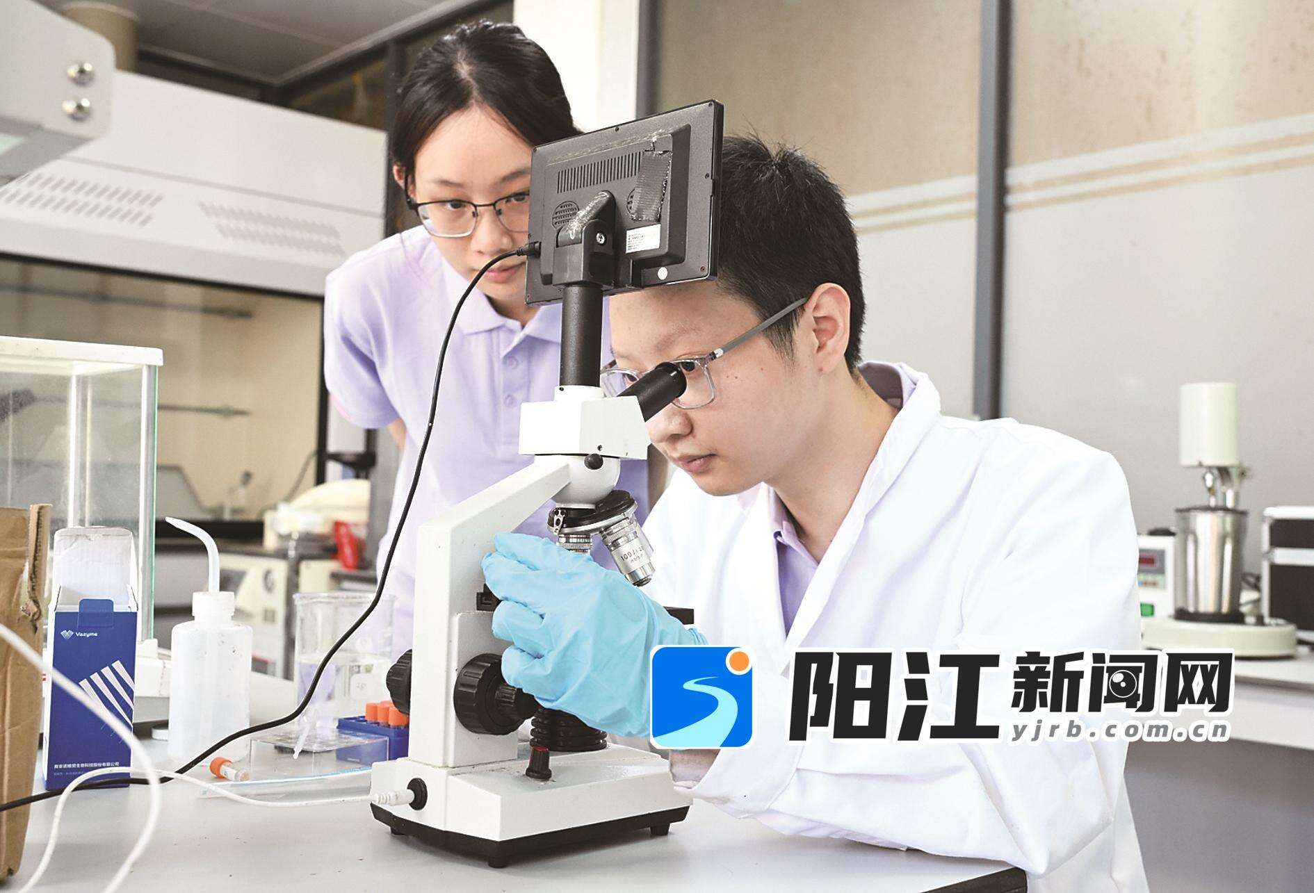 实践团的大学生队员正在用仪器查看鱼苗生长情况。陈建华 摄