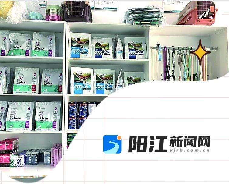 宠物店内货架上猫砂、猫粮、宠物用品琳琅满目