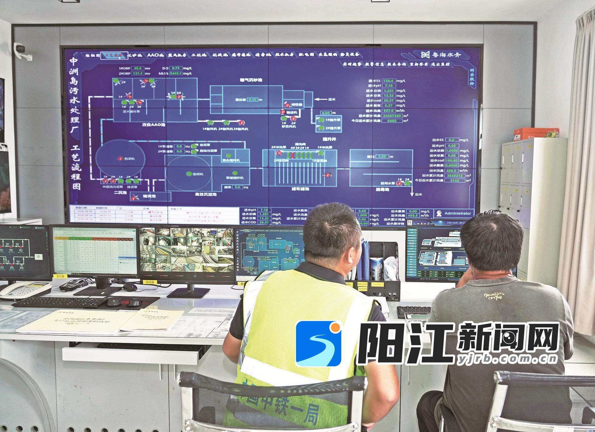 中洲岛污水处理厂的工作人员通过电脑远程操控污水处理设备。袁荣泽 摄